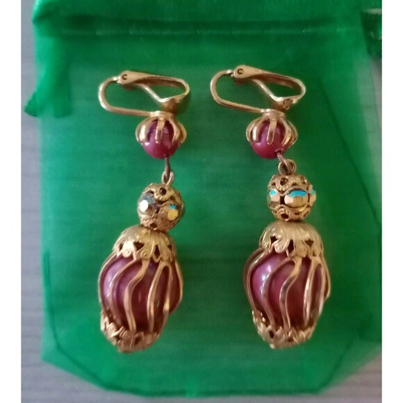 Vintage Victorian Style Maroon & Gold Dangle Clip-On Earrings Women Boho GUC - Picture 2 of 4